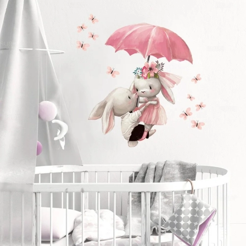 Стикери за стена за бебешка стая сладки зайчета с чадърче | SONNE929