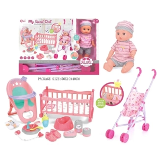 Детска кукла бебе момиче с множество аксесоари и количка 305 | SONNE1300 - 1